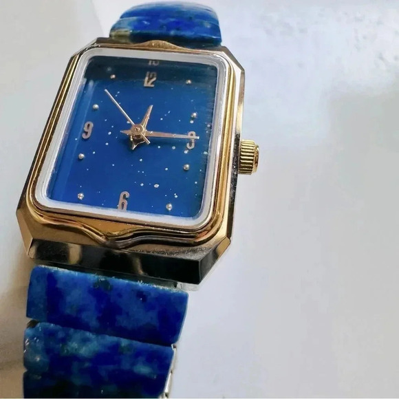 Blue Lapis Lazuli Gemstone 100% Stainless Steel Stretch Watch - Picture 2 of 5
